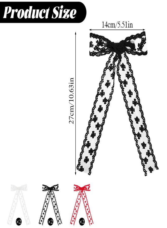 WJIAAA 6pcs Lace Hair Bow Clip, Lace Tassel Bows Metal Clips with Long Tail Ribbons, Coquette Bow Barrettes Black Red White Long Tail Ribbon Hair Bows for Women Christmas Valentines Wedding Prom - Image 4
